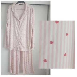 Pink & White Stripe Ultra Soft Long Sleeve Pajamas With Red Hearts Large